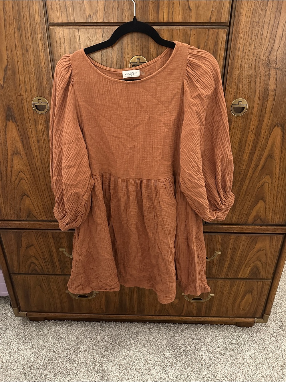 Vestique Women’s Light Brown Puff-Sleeve Cotton Dress